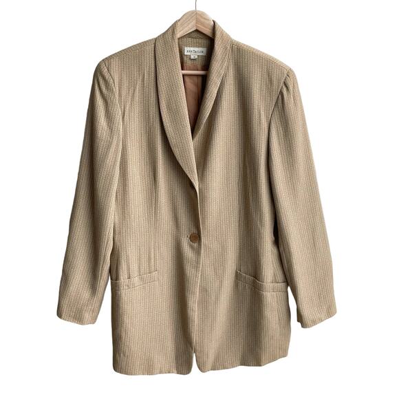 80s Vintage Ann Taylor Blazer Jacket Womens 10 Tan Cream Wool Blend 2 Button - Picture 1 of 11